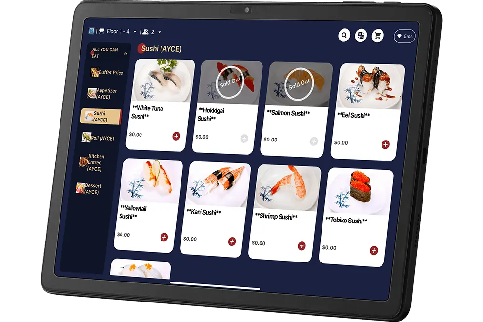 Tablet screen showing sushi ordering menu with various sushi options and some items marked as sold out.