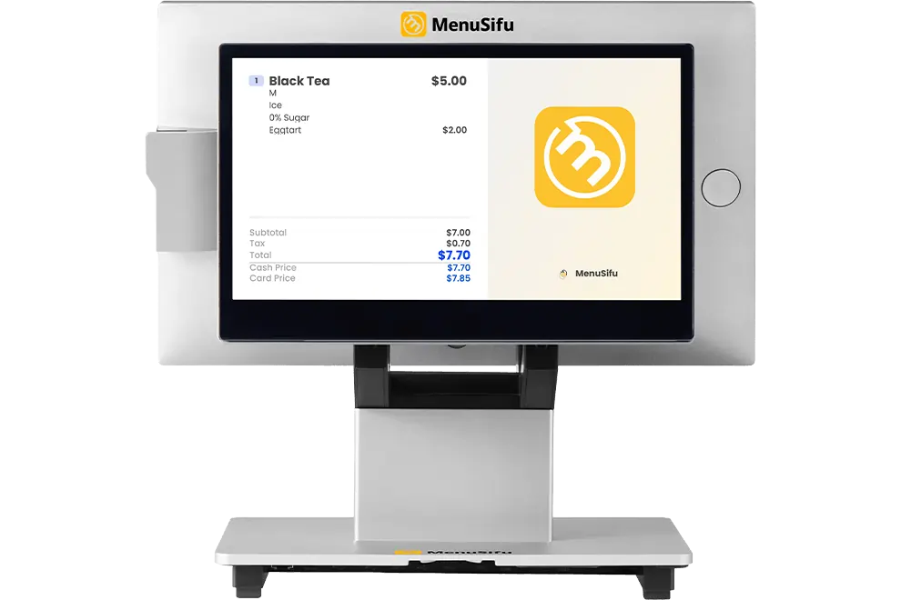 Menusifu POS terminal showing a checkout screen with black tea and egg tart order details at a restaurant.