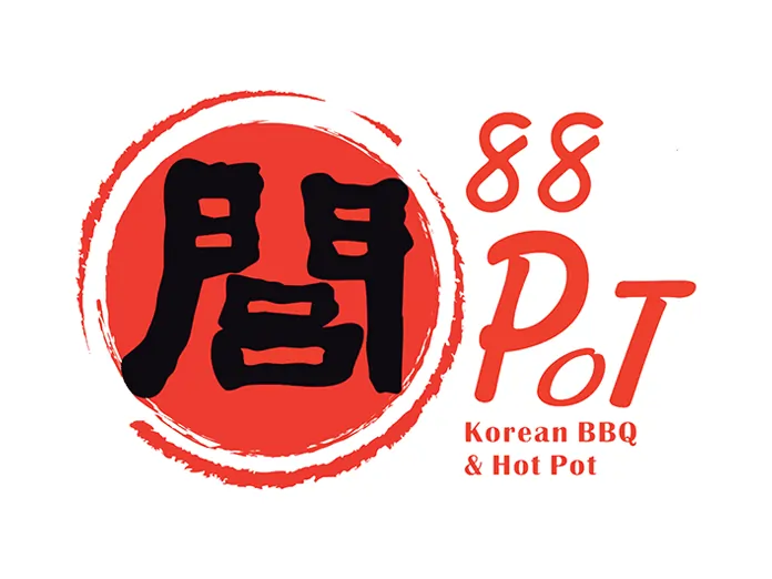 Logo shows 88 Pot Korean BBQ & Hot Pot with bold red brushstroke circle and stylized black and red Asian characters.