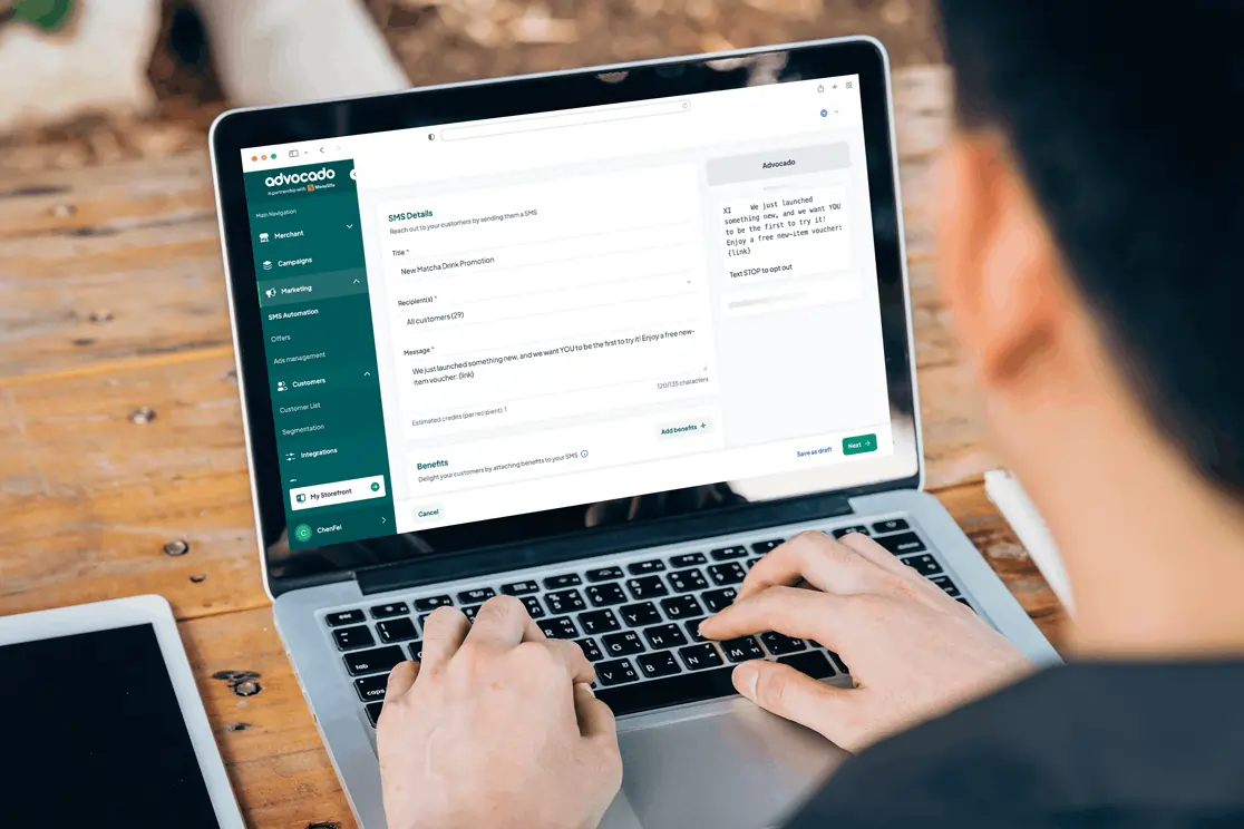 User sets up a manual SMS campaign on a marketing dashboard to promote a new matcha drink to customers.