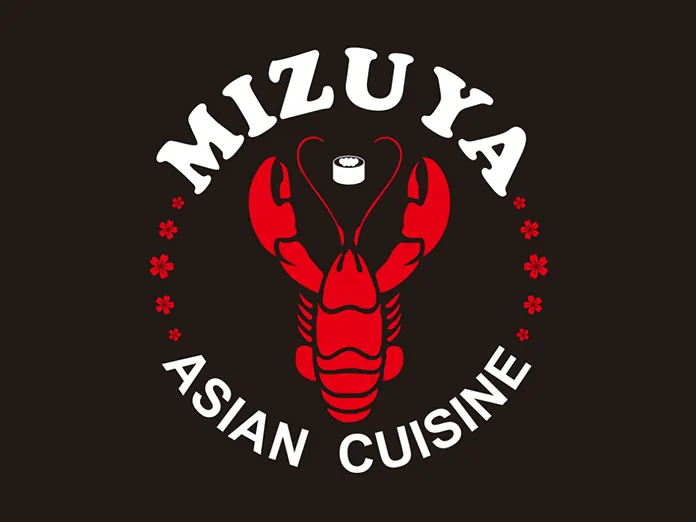 Mizuya Asian Cuisine showcases a vibrant red lobster with a sushi roll, surrounded by white text and red floral icons.