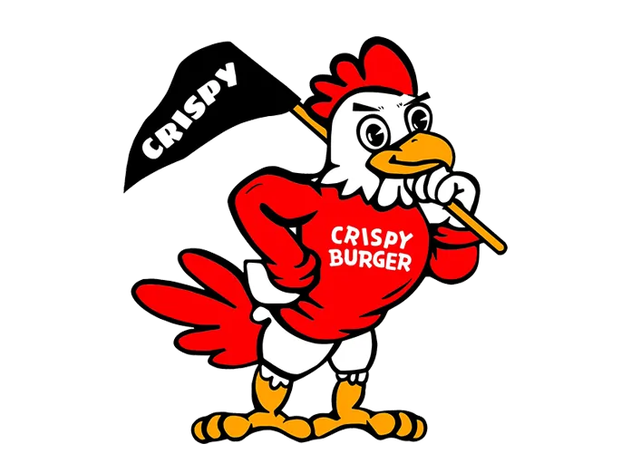 Crispy Burger logo featuring a bold cartoon chicken mascot with a red shirt and black CRISPY flag.