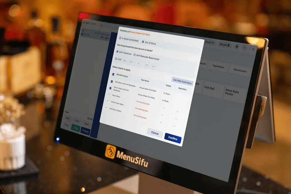 POS screen shows real-time inventory sync with sold-out item updates.