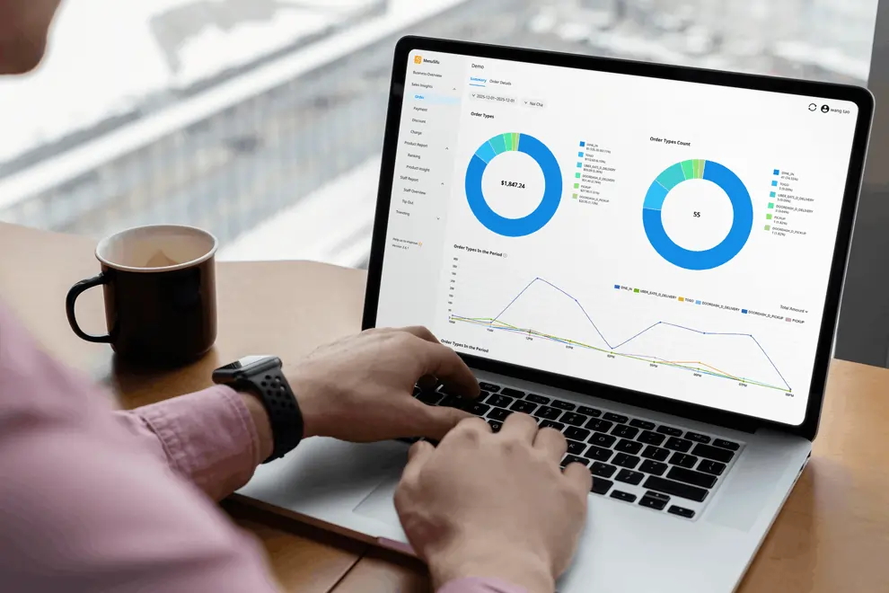 Dashboard on laptop displays order types and sales trends, helping user review delivery business performance.