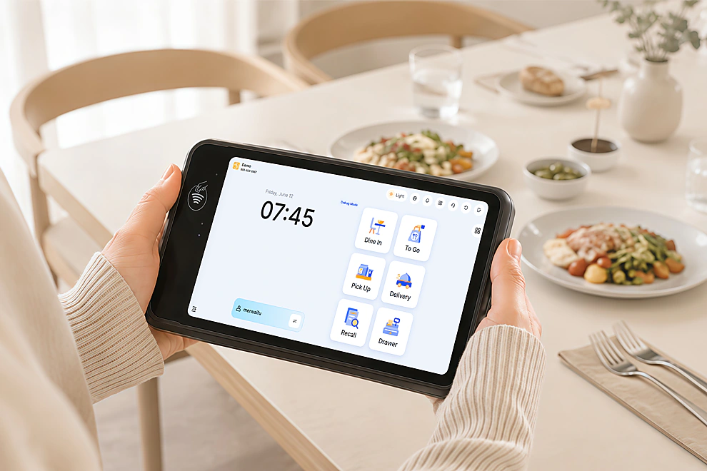Server logging into Menusifu handheld POS system at restaurant using numeric keypad on login screen.