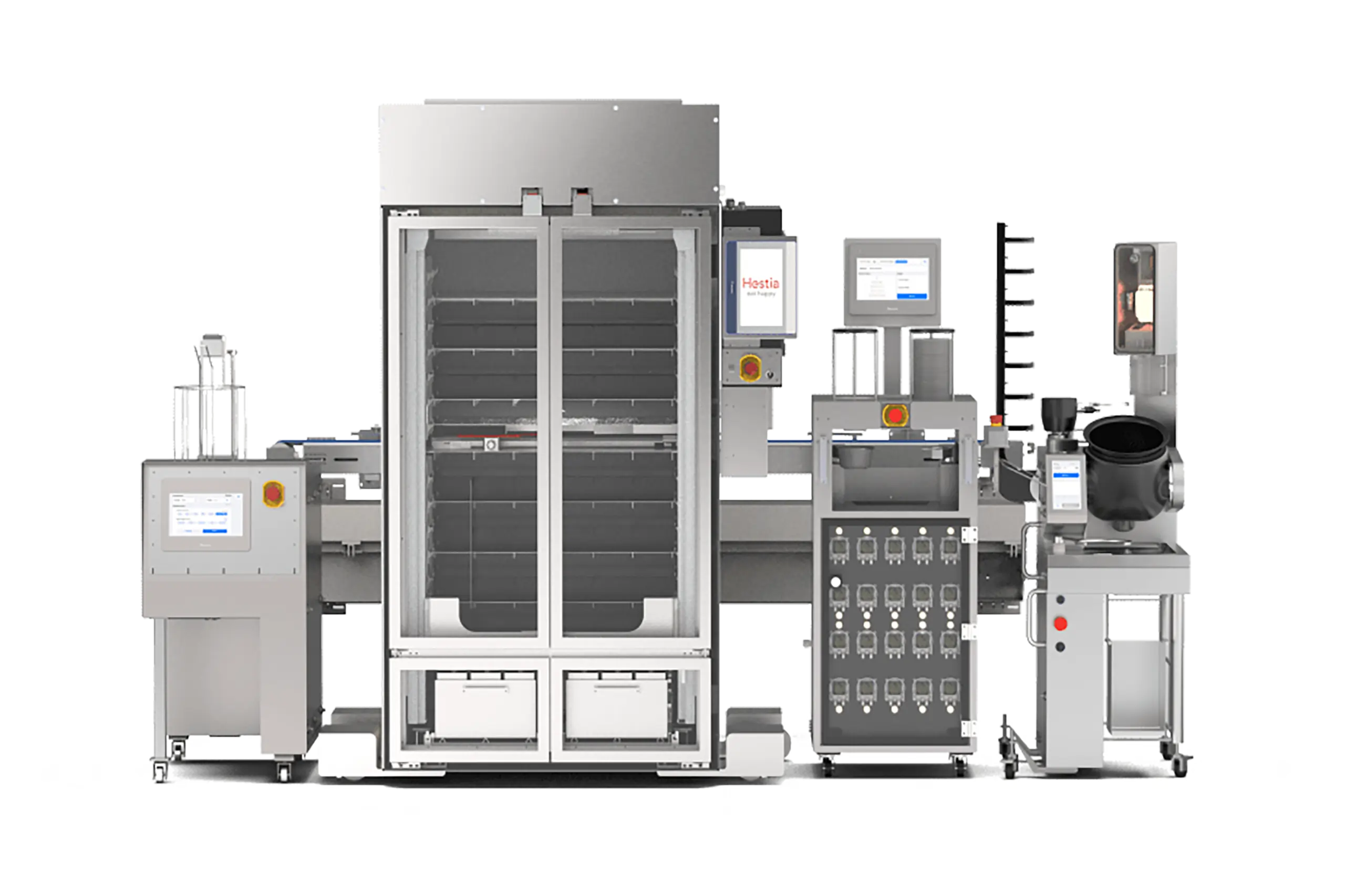 Hestia automated stir-fry robot machine with touchscreen and ingredient modules for commercial kitchen use.