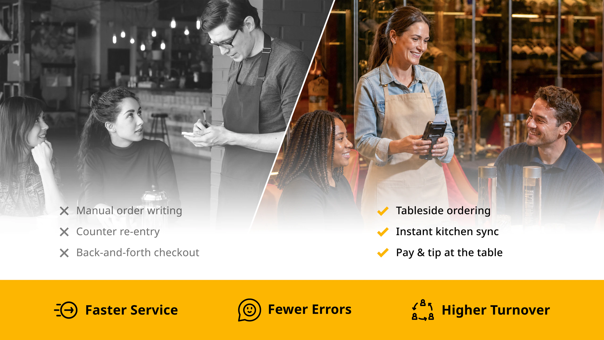Visual representation of a restaurant tableside service theme featuring handheld POS systems, compared with traditional pen and paper.