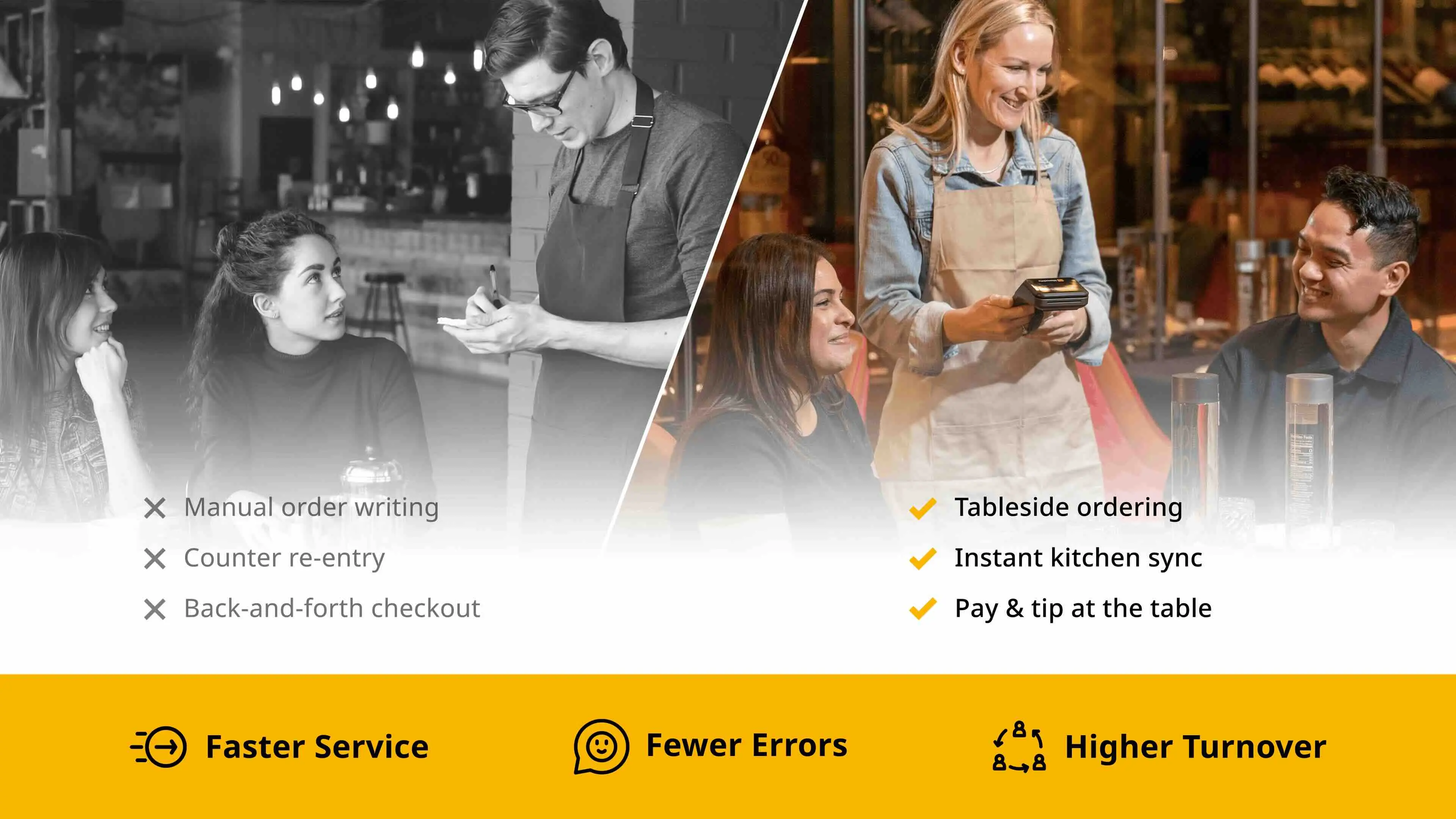 Visual representation of a restaurant tableside service theme featuring handheld POS systems, compared with traditional pen and paper.