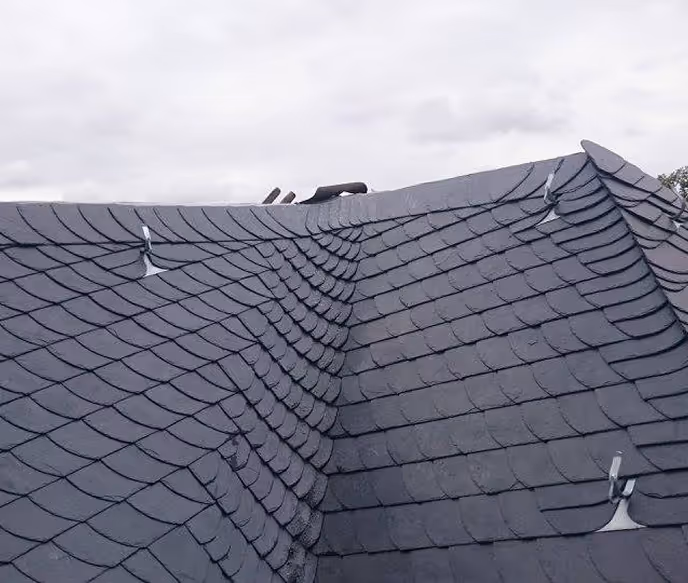 Dach mit dunkelgrauen Schieferziegeln und mehreren kurzen Antennen bei bewölktem Himmel.