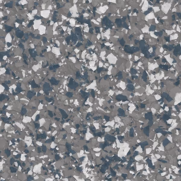 Close-up of a blue, white, and gray epoxy floor with a marble flake pattern.