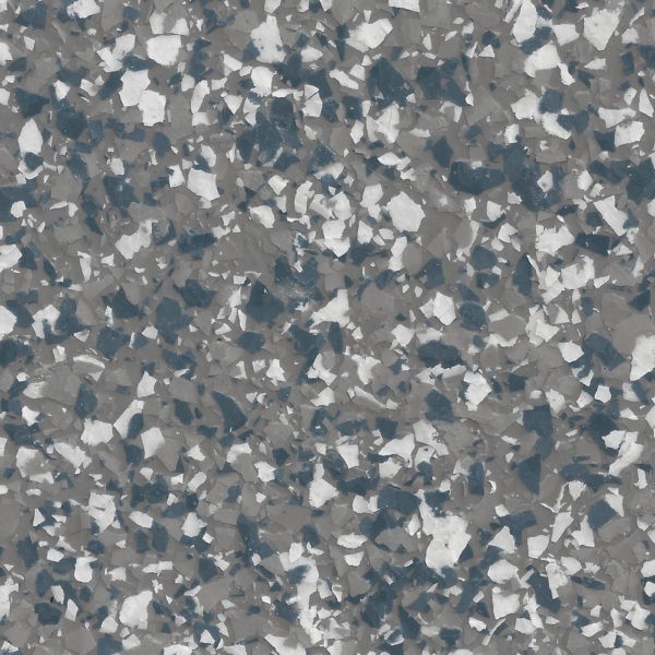 Close-up of a blue, white, and gray epoxy floor with a marble flake pattern.