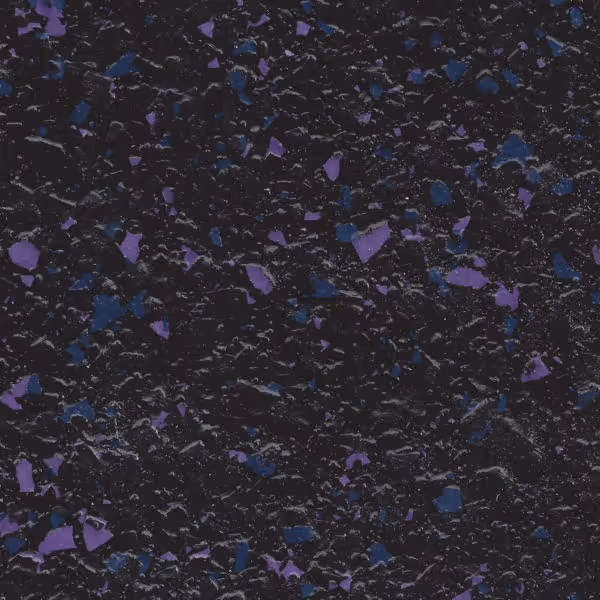 Black epoxy floor with scattered blue and purple flakes in a textured pattern.