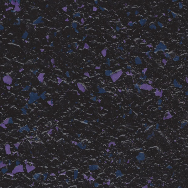 Black epoxy floor with scattered blue and purple flakes in a textured pattern.