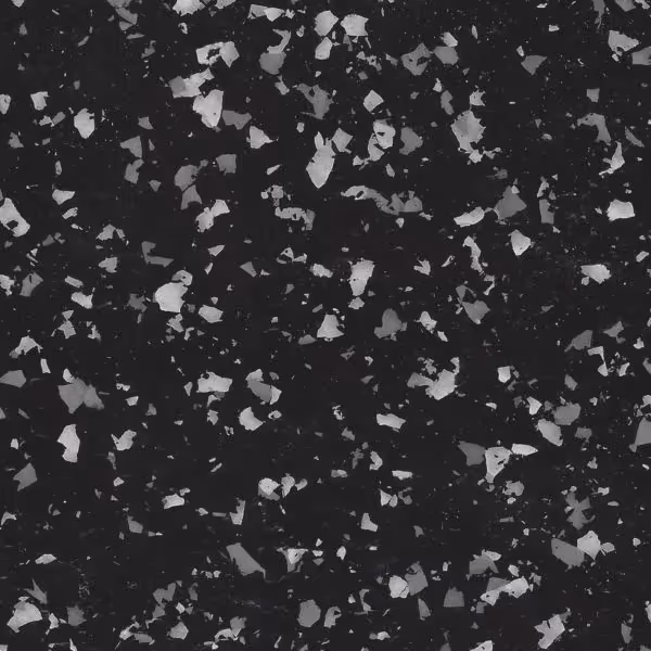 Black epoxy flooring with scattered gray and silver flake patterns.