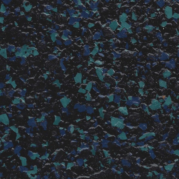 Close-up view of black epoxy flooring with scattered blue and teal flakes.