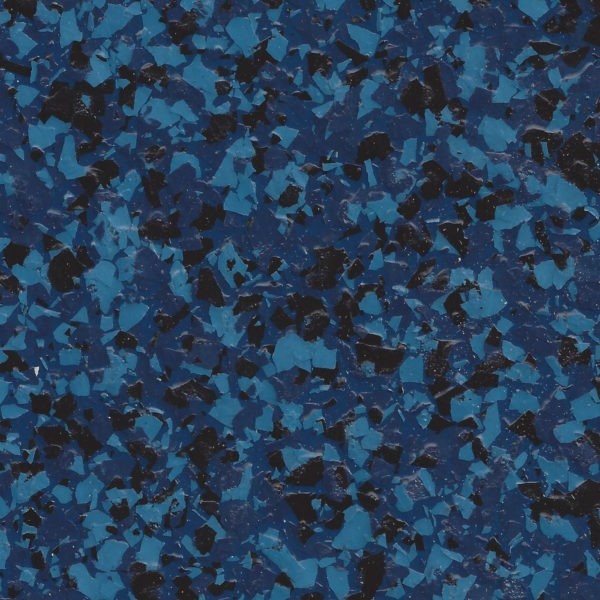 Close-up of blue and black epoxy flake flooring with a textured, speckled pattern.