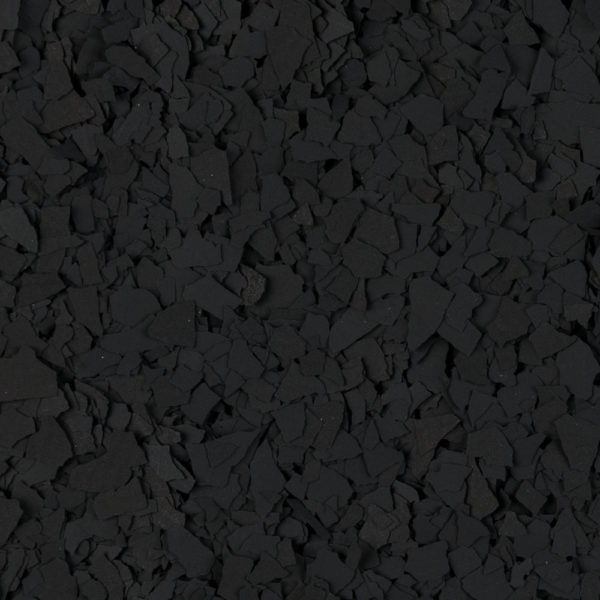 Close-up of irregularly shaped black rubber flakes spread densely.