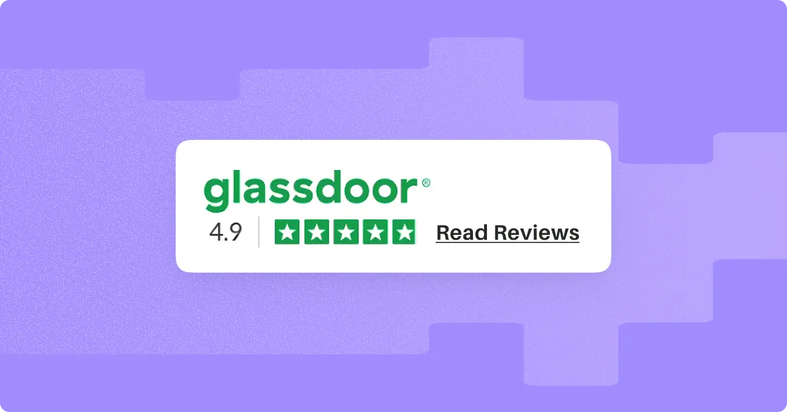 Glassdoor rating of 4.9 stars with five green stars and a link to read reviews on a purple background.