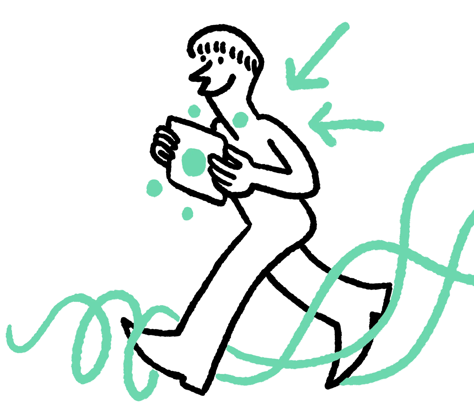 Abstract line drawing of a human face with teal dots on the cheek and teal arrows and wavy lines around it.