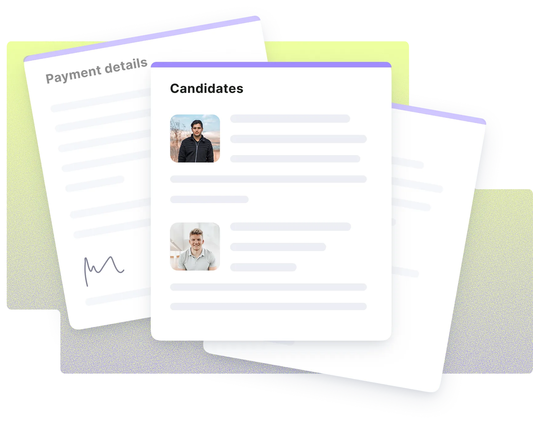 Documents with a focus on a candidate list showing two profile photos and blurred text details.