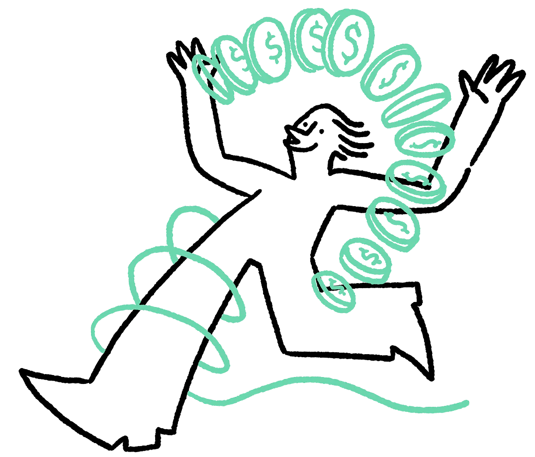 Illustration of a person reclining with several smiling faces connected around their head by flowing lines and circles.