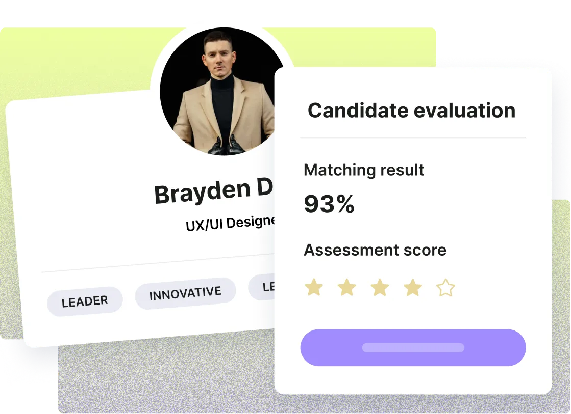 Profile card of Brayden D, a UX/UI Designer, labeled leader and innovative, with candidate evaluation showing 93% matching result and four out of five star assessment score.