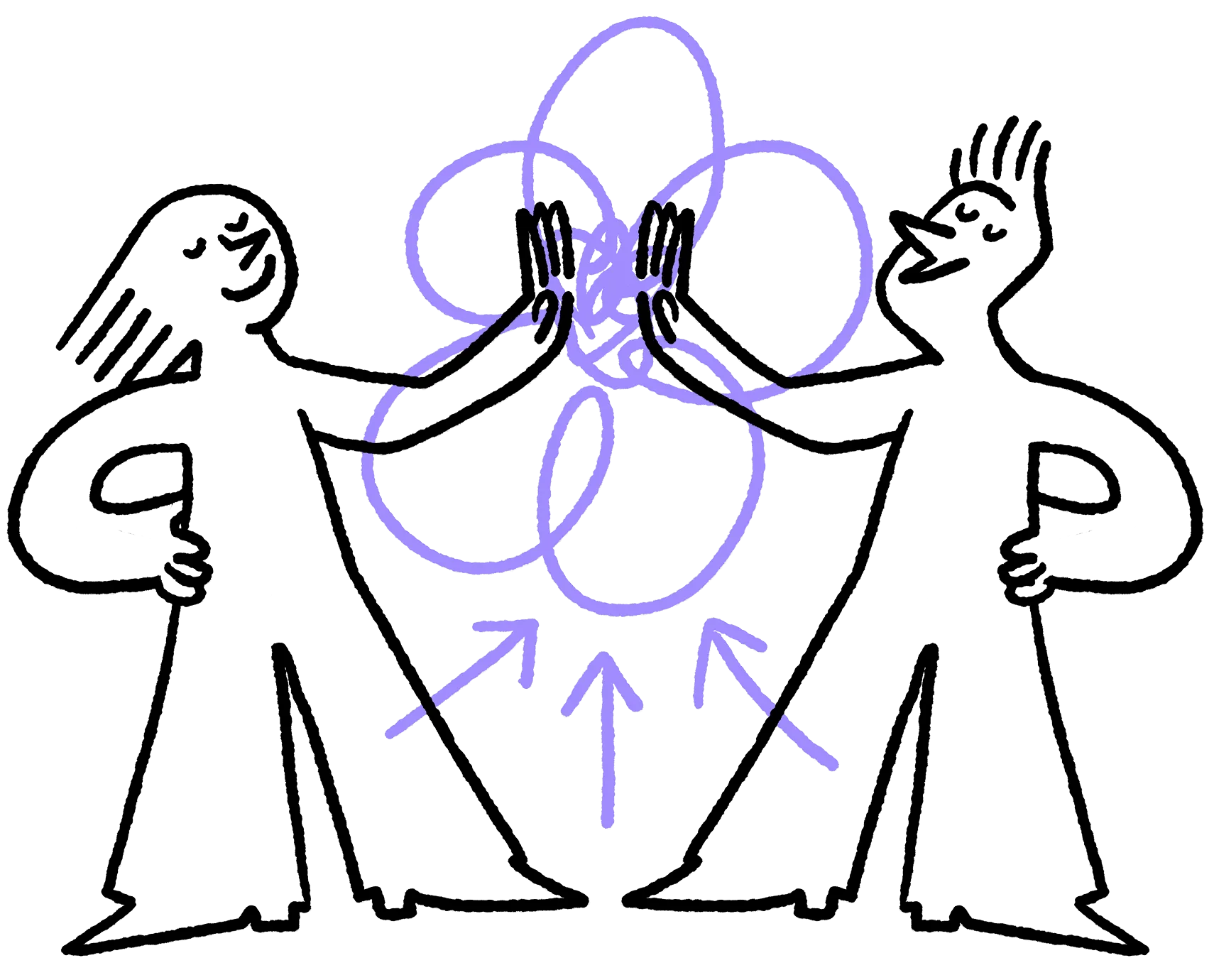 Simple black line drawing of a person with spiky hair, one hand on their stomach and the other raised, with a magnifying glass held above.