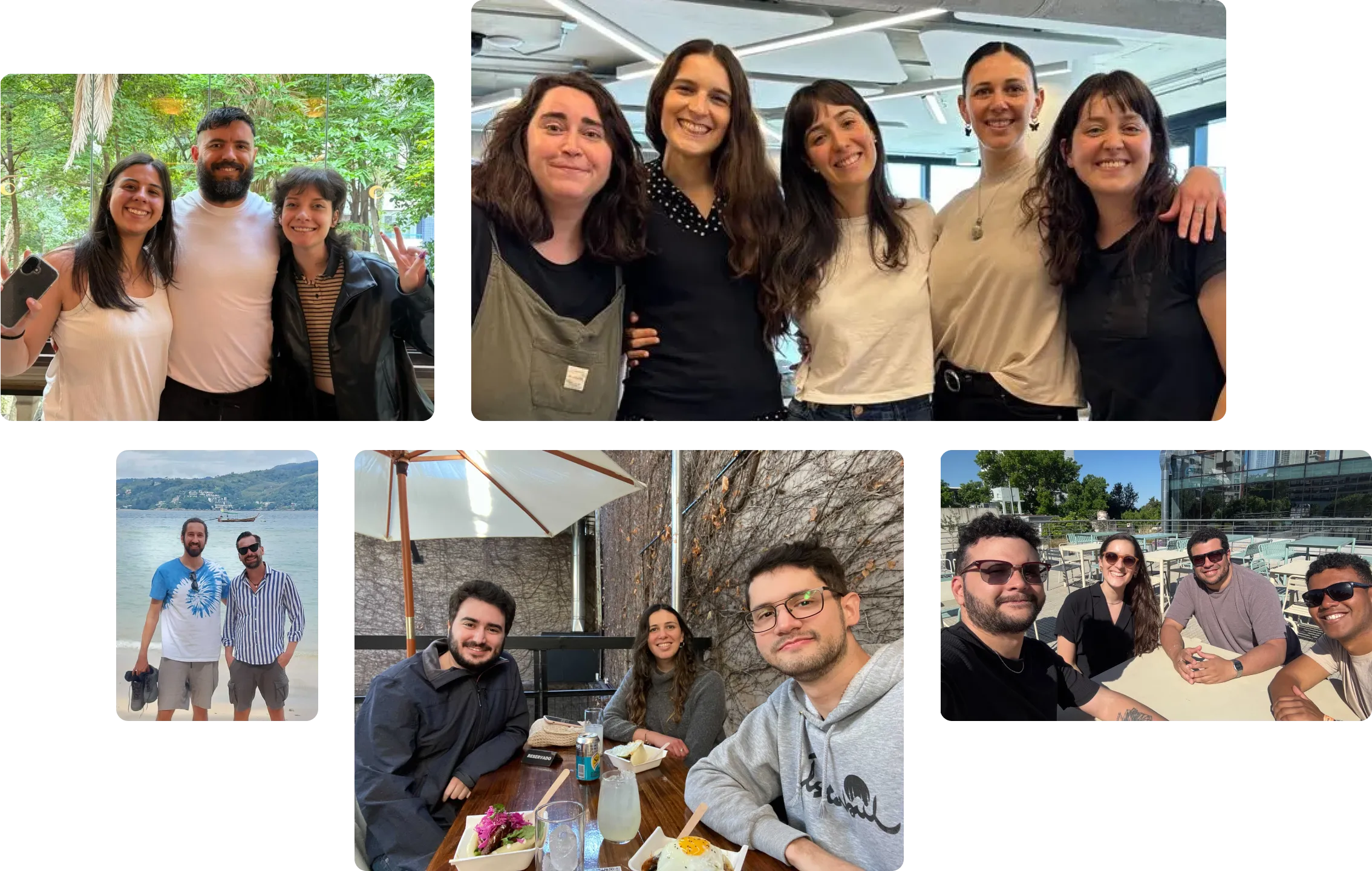 Collage of five photos showing groups of friends smiling, dining outdoors, and sitting together in various social settings including a garden at sunset and a casual indoor meal.