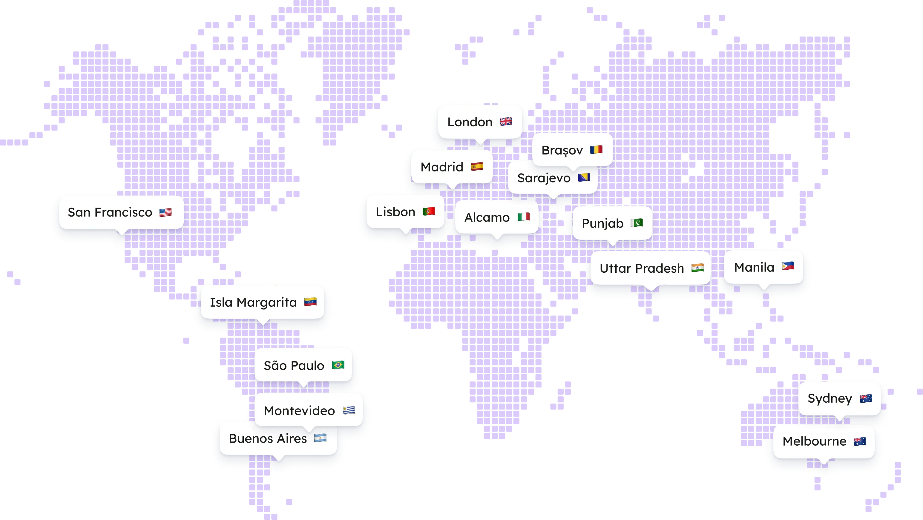 World map with location labels and flags for San Francisco USA, Buenos Aires Argentina, London UK, Johannesburg South Africa, Manila Philippines, and Melbourne Australia.