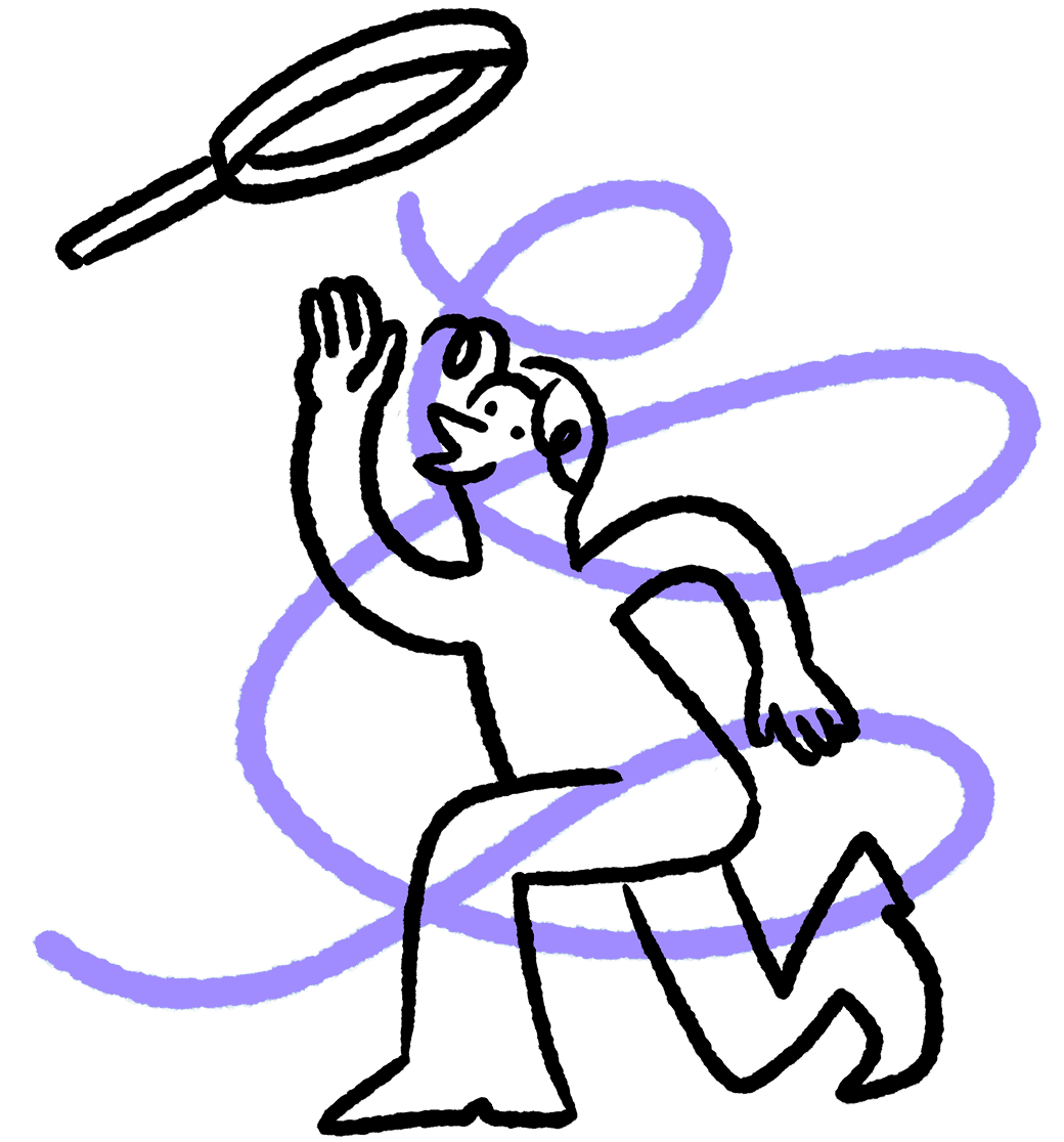 Line drawing of a person running and reaching up towards a tennis racket with purple curved lines around them.
