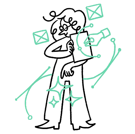 Abstract line drawing of a human face with teal dots on the cheek and teal arrows and wavy lines around it.