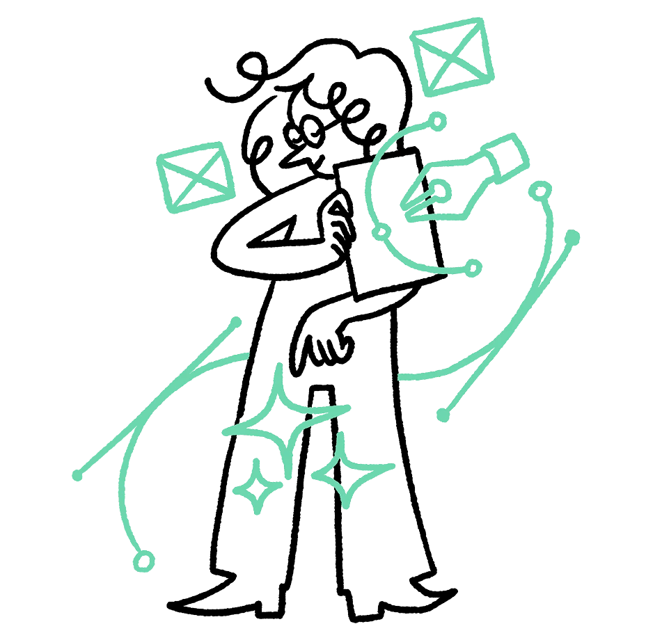 Abstract line drawing of a human face with teal dots on the cheek and teal arrows and wavy lines around it.