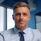 Smiling business man having online conversation open space