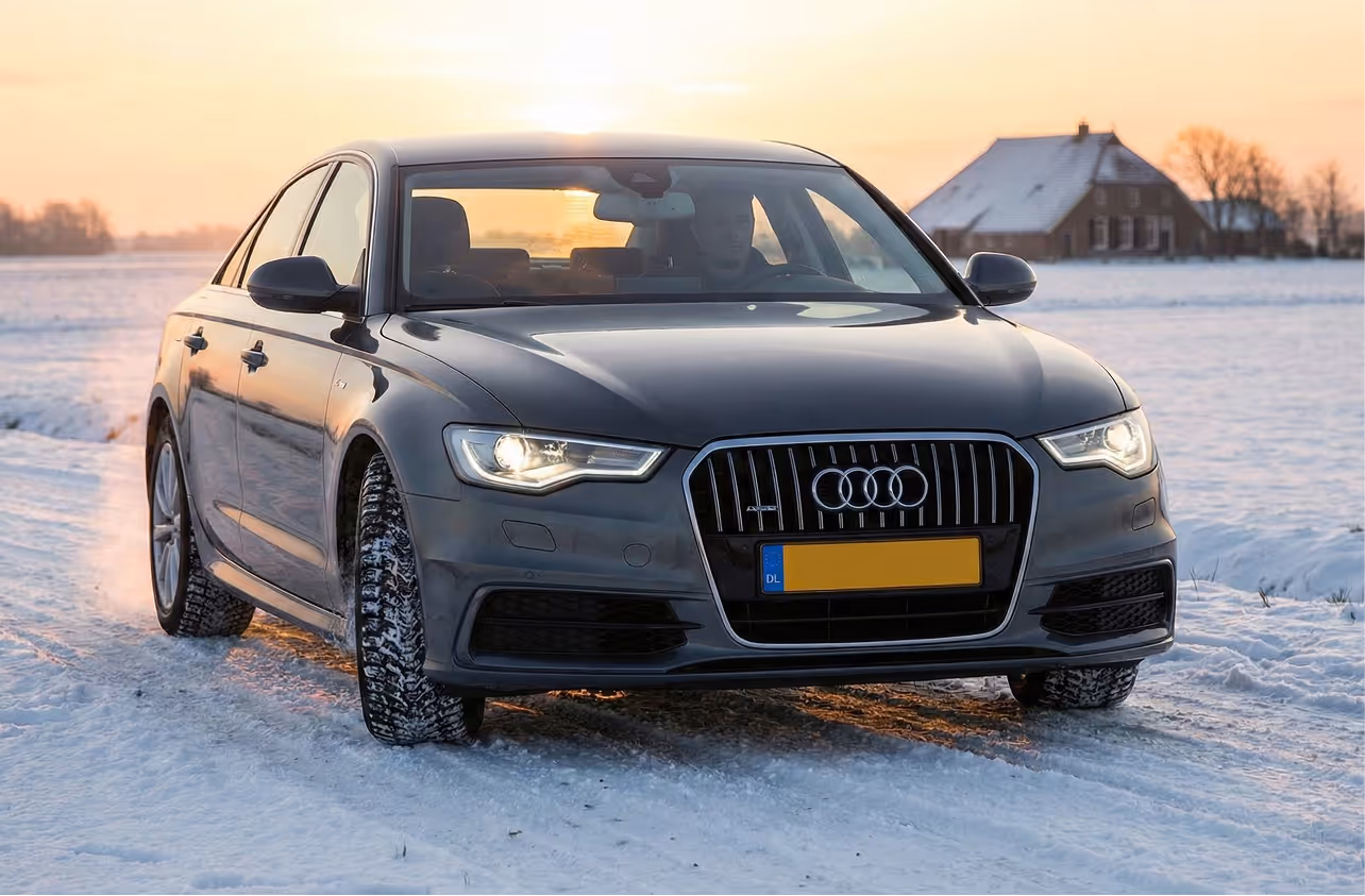Een audi rijdt op winterbanden door een besneeuwde weg in Friesland