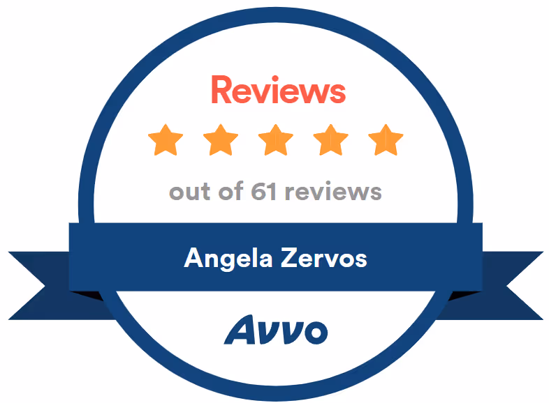 Badge showing 5-star reviews from 61 reviews for Angela Zervos on Avvo.