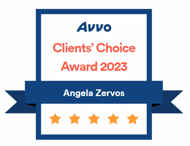 Avvo Clients’ Choice Award 2023 badge awarded to Angela Zervos with five gold stars.