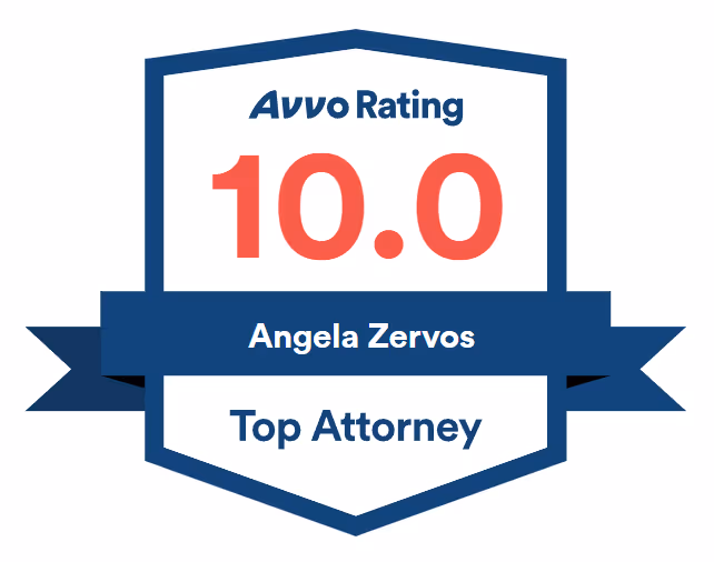 Badge showing Avvo rating 10.0 for Angela Zervos as Top Attorney.