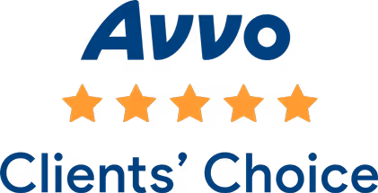 Avvo logo above five orange stars and the text Clients’ Choice. (small)