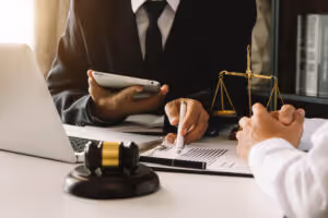 Lawyer explaining to client the legal fees.