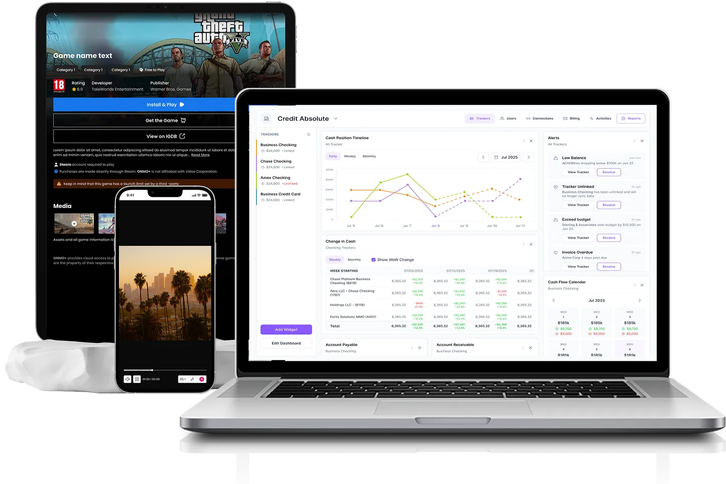 A laptop displaying a financial dashboard with graphs and alerts, an iPad showing a game page with Grand Theft Auto V, and a smartphone with a sunset cityscape wallpaper.
