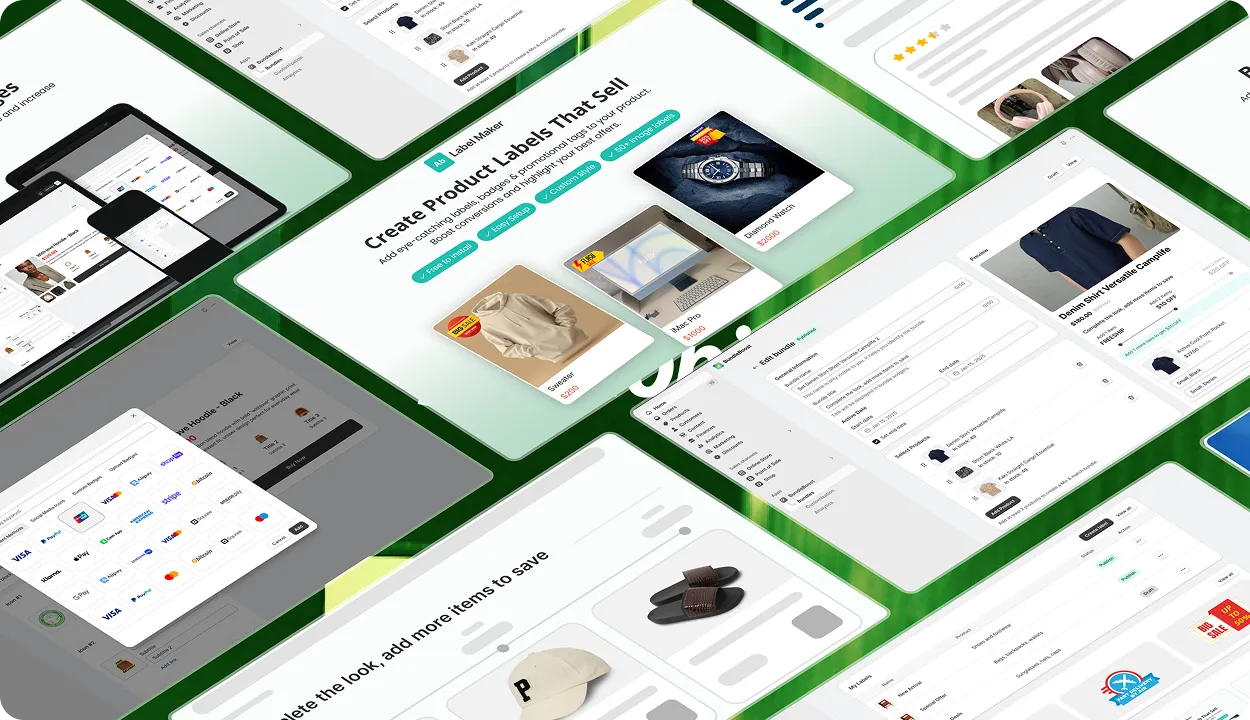 Collection of multiple Shopify-like ecommerce dashboard screens showing product listing, label creation, payment options, and bundle editing interfaces.