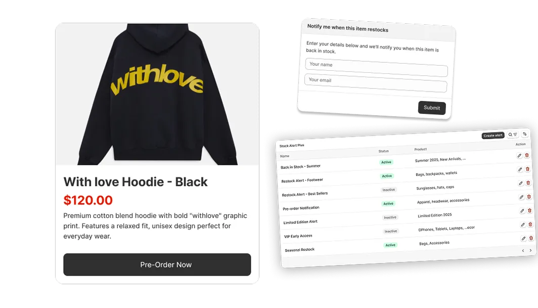 Black hoodie with yellow 'withlove' print priced at $120 with pre-order button, alongside stock alert notification form and management dashboard.