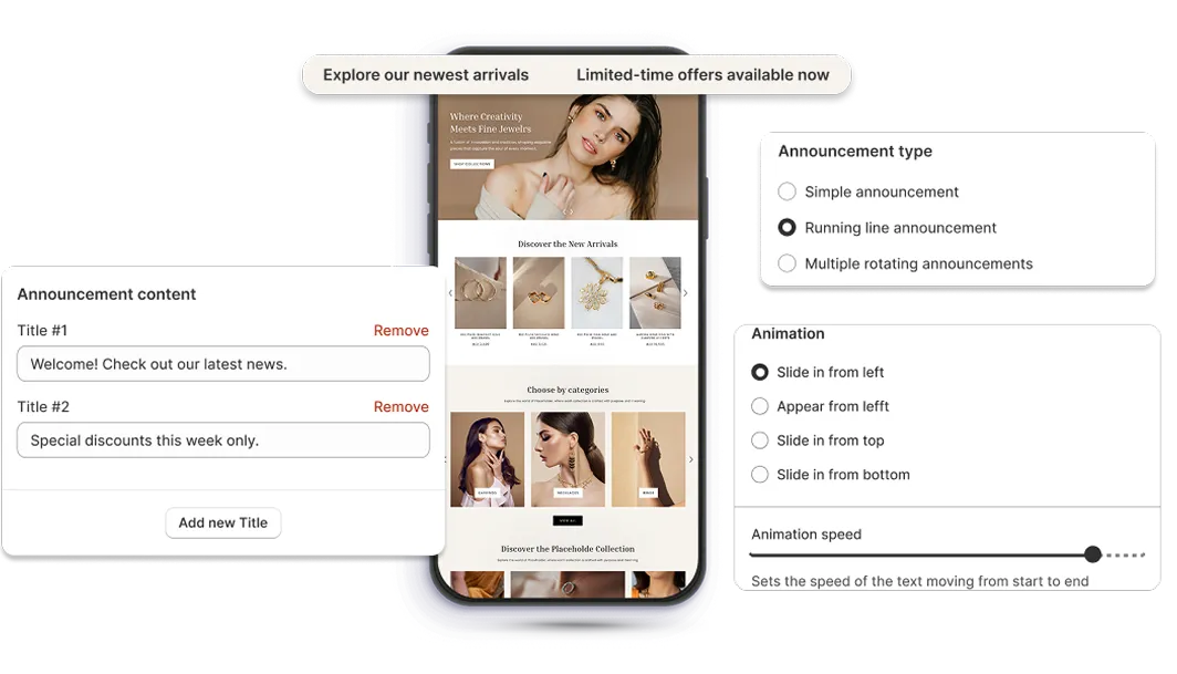 Mobile screen displaying a jewelry website with a running line announcement at top; three panels showing announcement content, announcement type selection, and animation options.