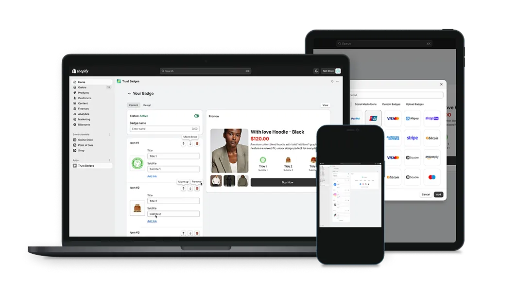 Shopify interface displaying trust badges customization on a laptop, tablet, and smartphone screens.