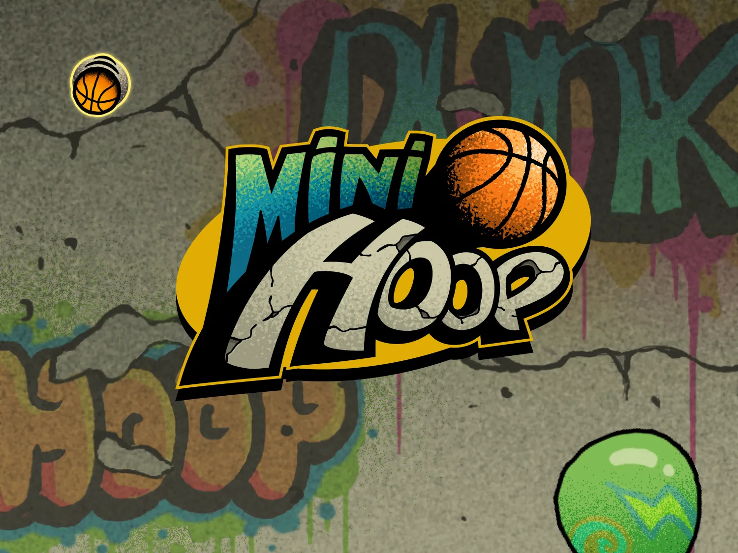 Graffiti-style logo reading 'Mini Hoop' with a cracked stone texture and a basketball replacing the letter 'O'.