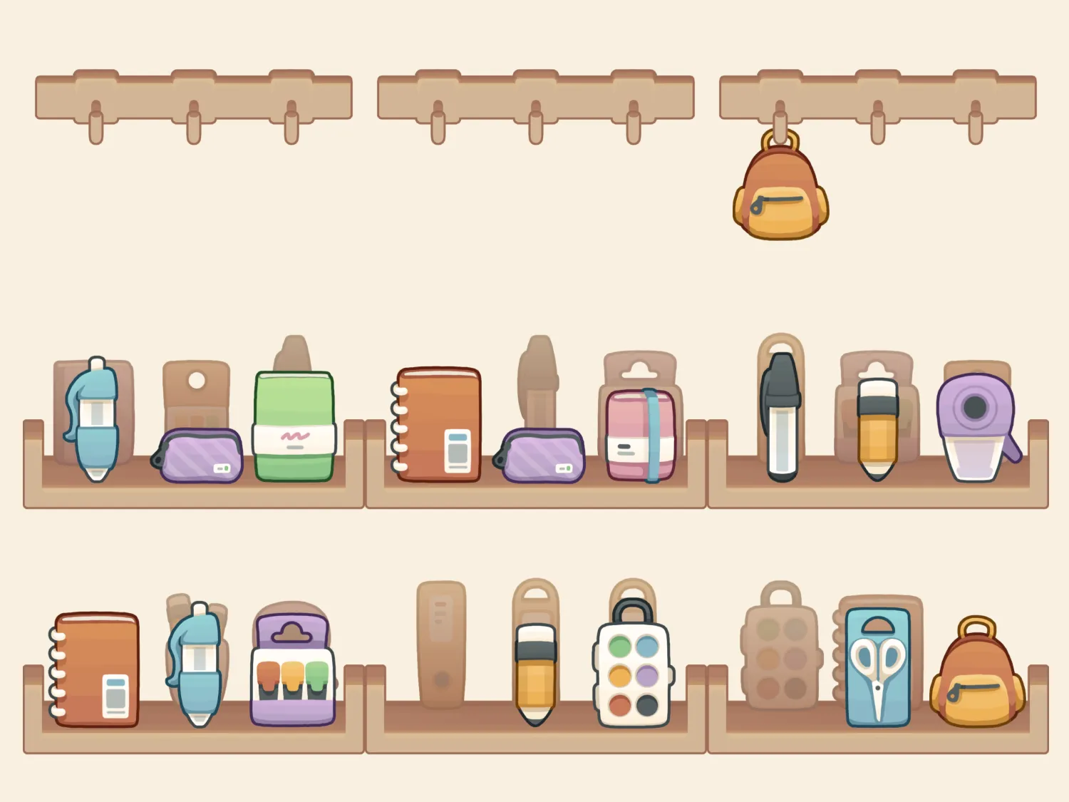 Illustration of shelves with organized stationery items including notebooks, water bottles, pouches, paint sets, scissors, tape dispenser, and a backpack hanging on hooks above.