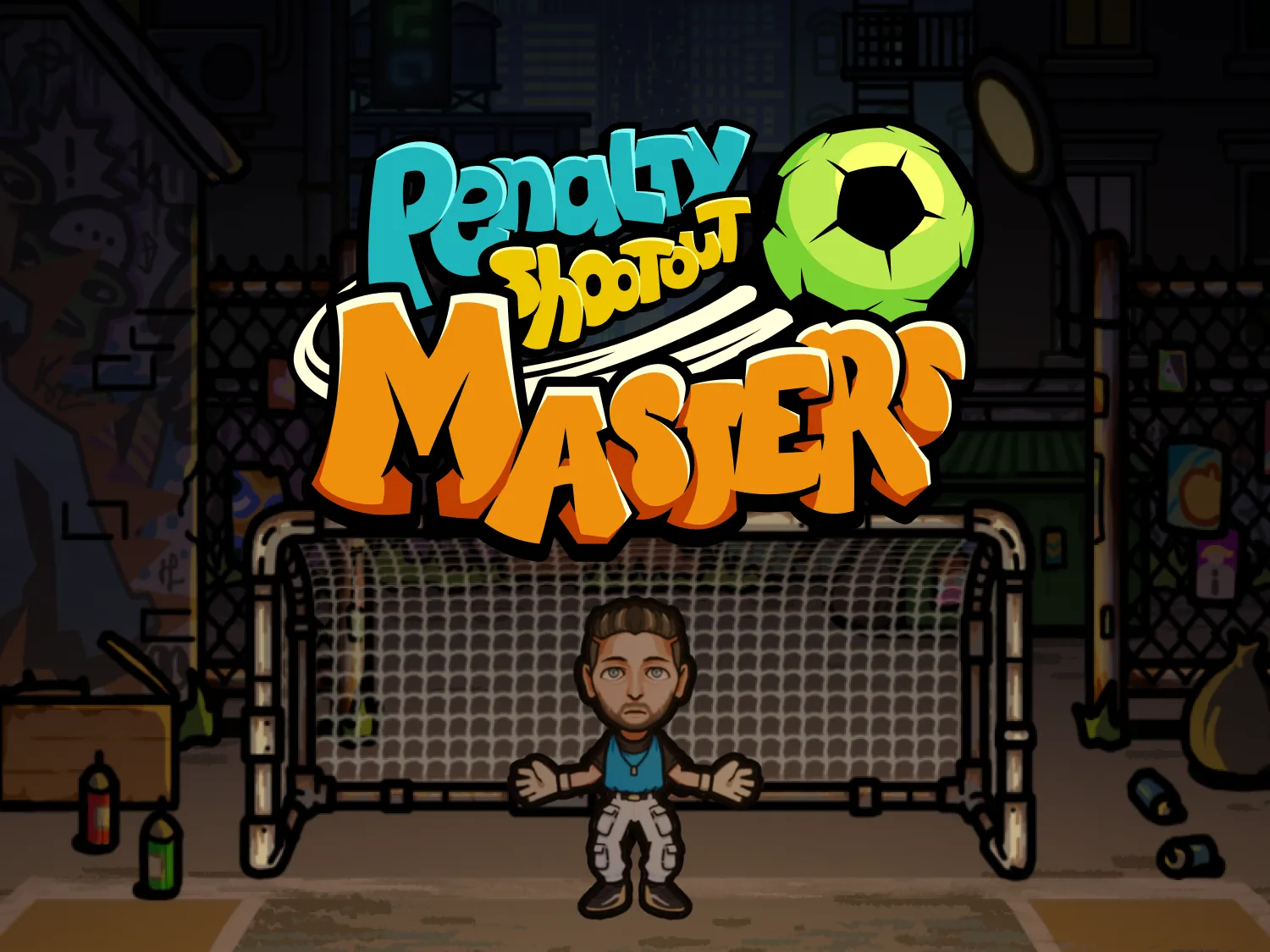 Cartoon-style soccer goalkeeper standing in front of goal with graffiti background and colorful text reading 'Penalty Shootout Masters'.