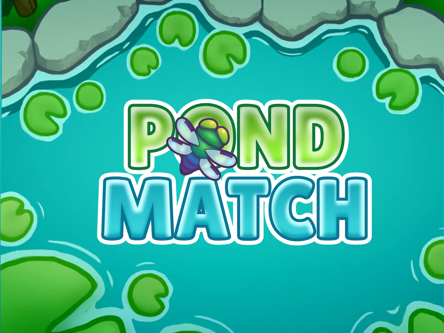 Top-down cartoon illustration of a pond with lily pads and a dragonfly over the text 'Pond Match'.
