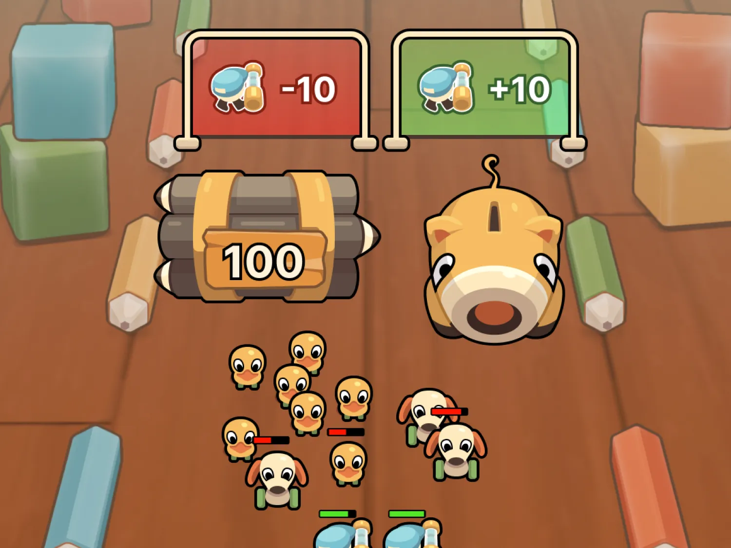 Cartoon-style game interface showing a wooden floor with colored blocks, icons representing health or points with +10 and -10, a bundle of rockets labeled 100, a golden piggy bank, and small cartoon characters including ducks and dogs with health bars.