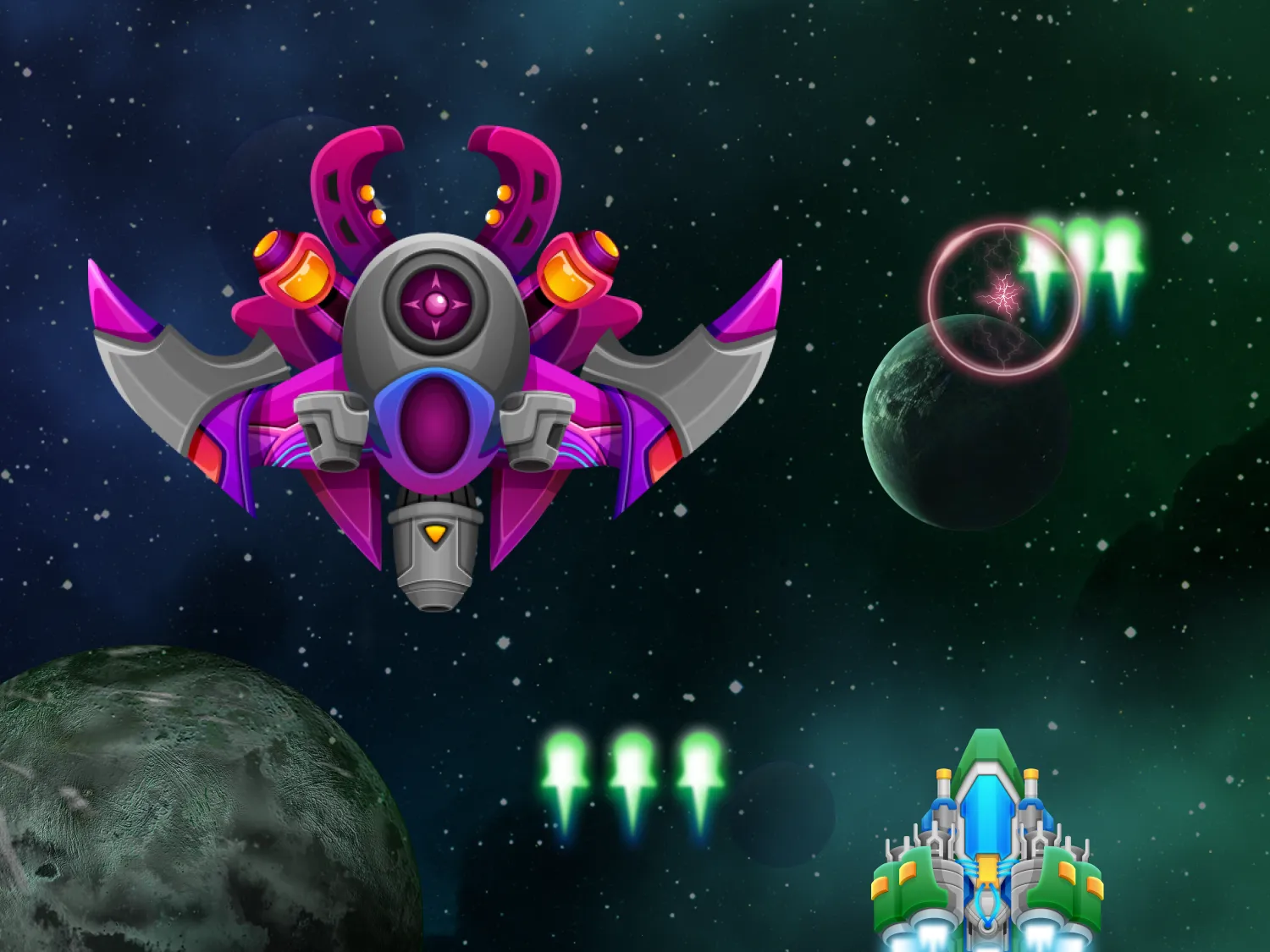 Colorful space battle scene with two futuristic spaceships exchanging bright green laser fire against a starry background with planets.